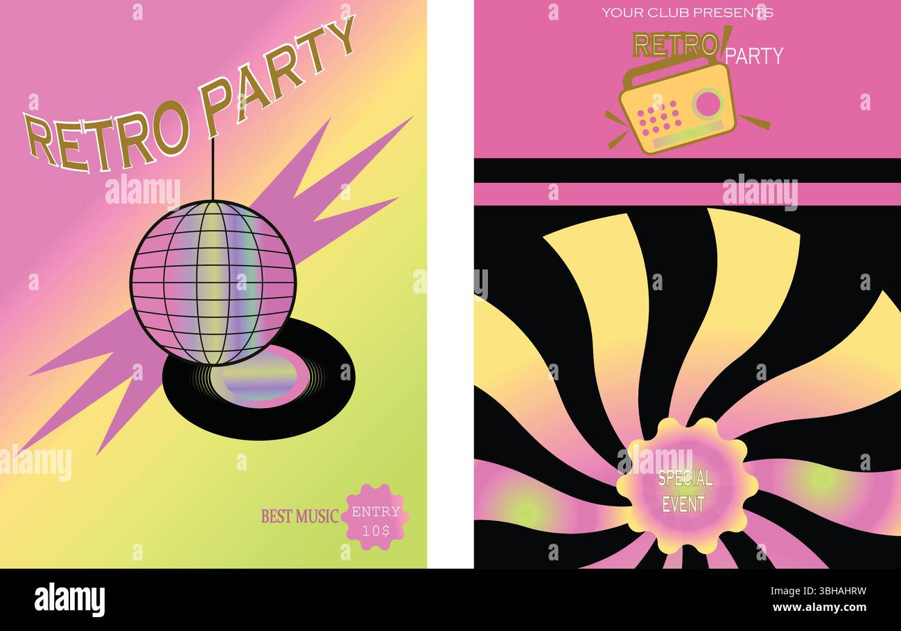 Ensemble affiche de soirée club. Cassette cassette et ensemble d'affiches de fête de l'énergie de foudre. Illustration de Vecteur