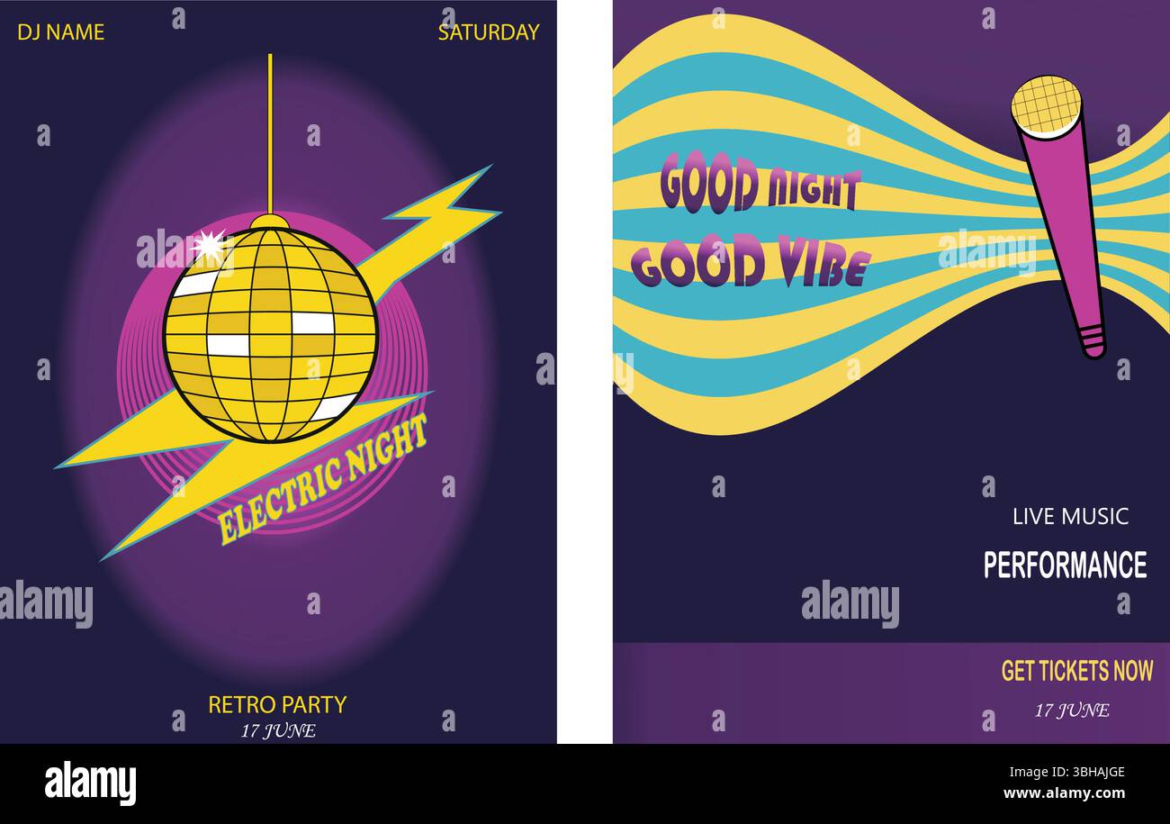 Affiches de soirée musicale rétro. Ensemble d'affiches rétro disco Ball & Sound Wave Illustration de Vecteur