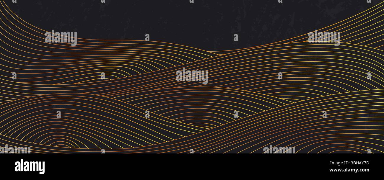 Motif de vagues dorées sur fond noir - courbes linéaires abstraites et composition de rayures fluides. Lignes ornementales de luxe tourbillonnantes et torsadées. Décoration raffinée de style asiatique japonais ou chinois Illustration de Vecteur