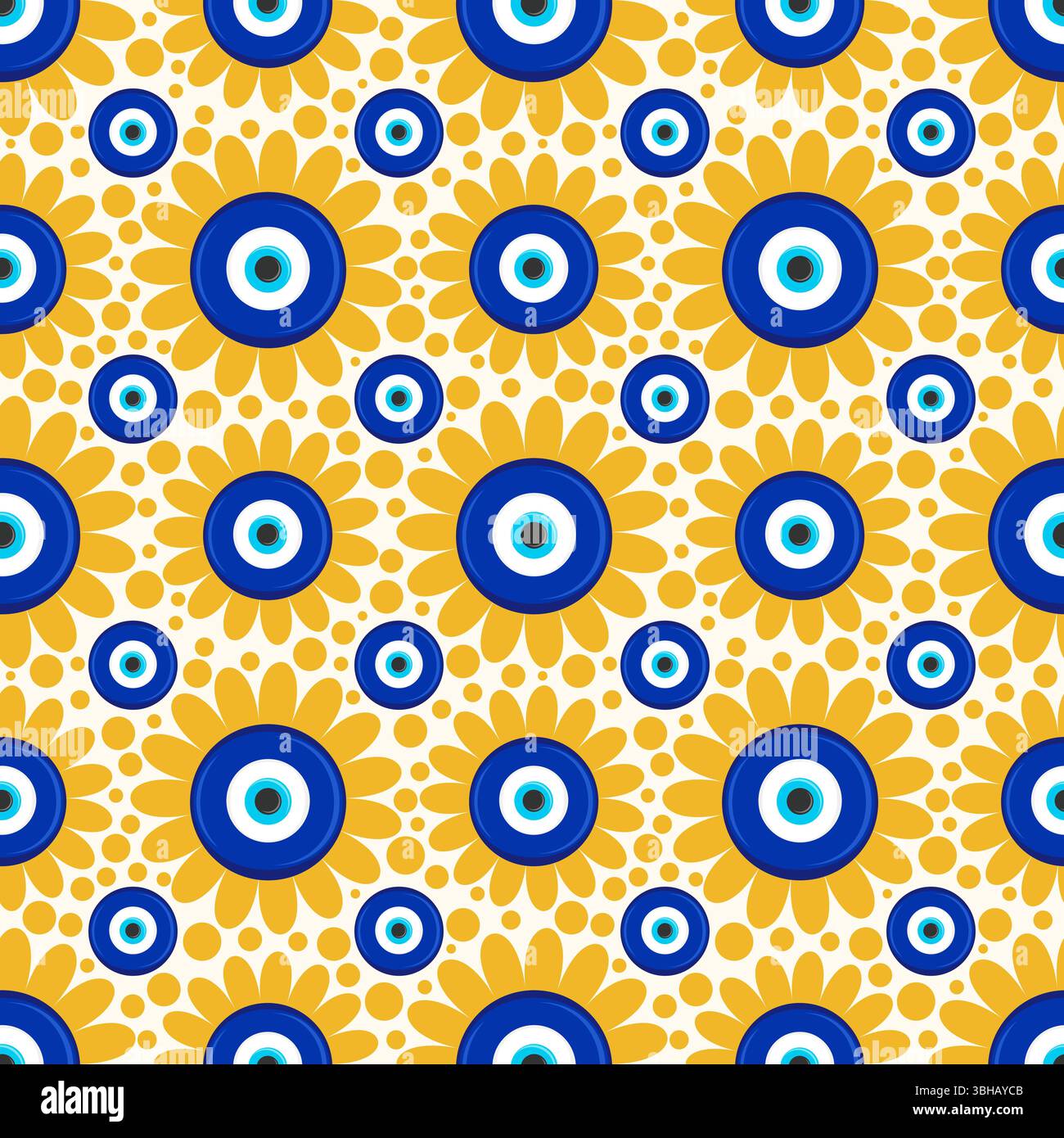 Mauvais oeil grec modèle sans couture. Fond de vecteur avec des perles et des fleurs bleues. nazar turc - symbole ethnique de l'énergie de protection et de la chance. Mystic Illustration de Vecteur