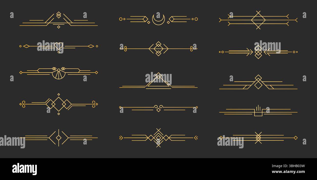 Ensemble de séparateurs de ligne art déco dorés - bordures ornementales géométriques avec diamants, triangles et éléments décoratifs. Séparateurs vintage élégants pour le design de luxe, les invitations de mariage ou la marque premium Illustration de Vecteur