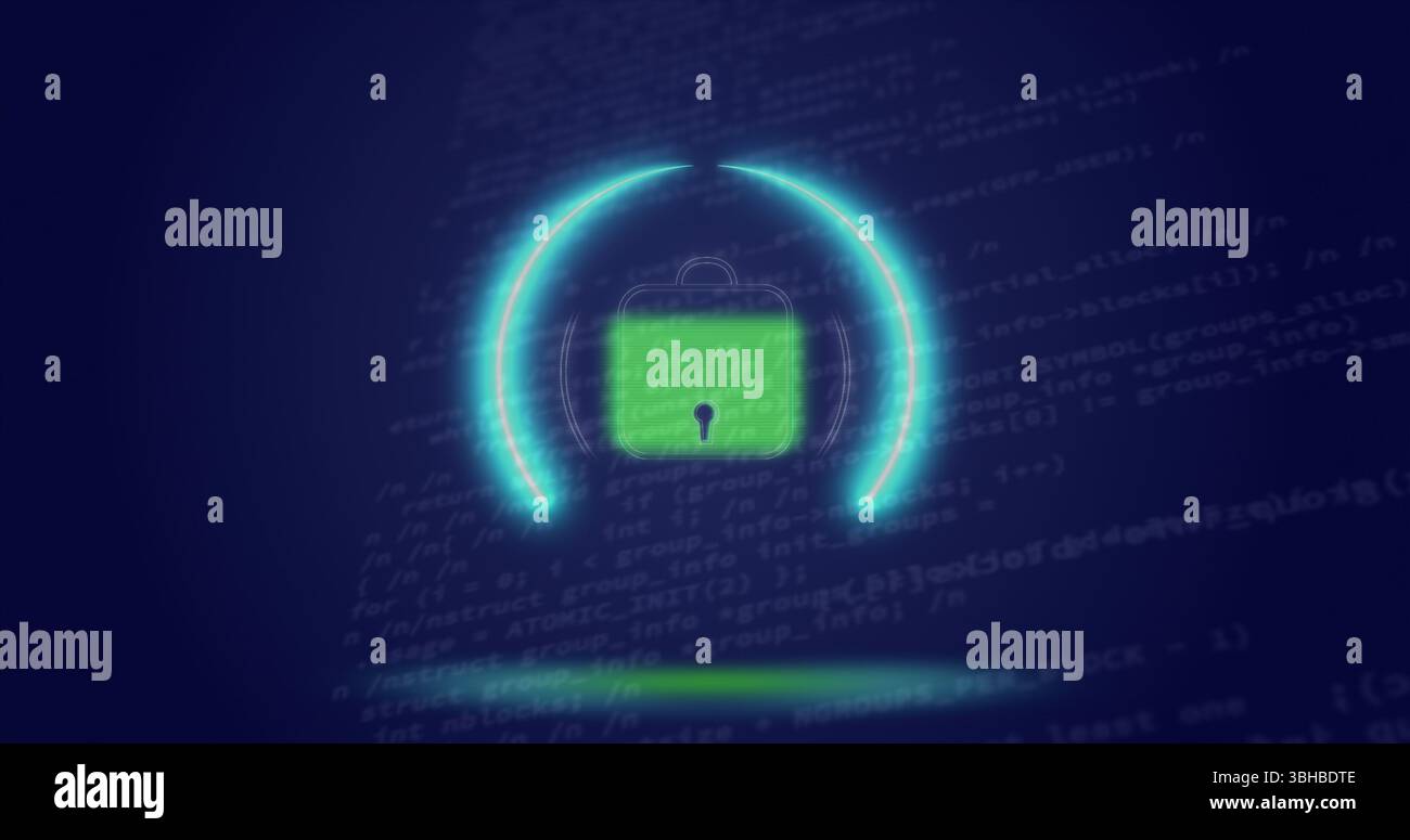 Image du cercle de néon avec cadenas numérique sur les données sur l'écran numérique marine. Sécurité des données, écran numérique, interface et concept technologique numériquement GE Banque D'Images