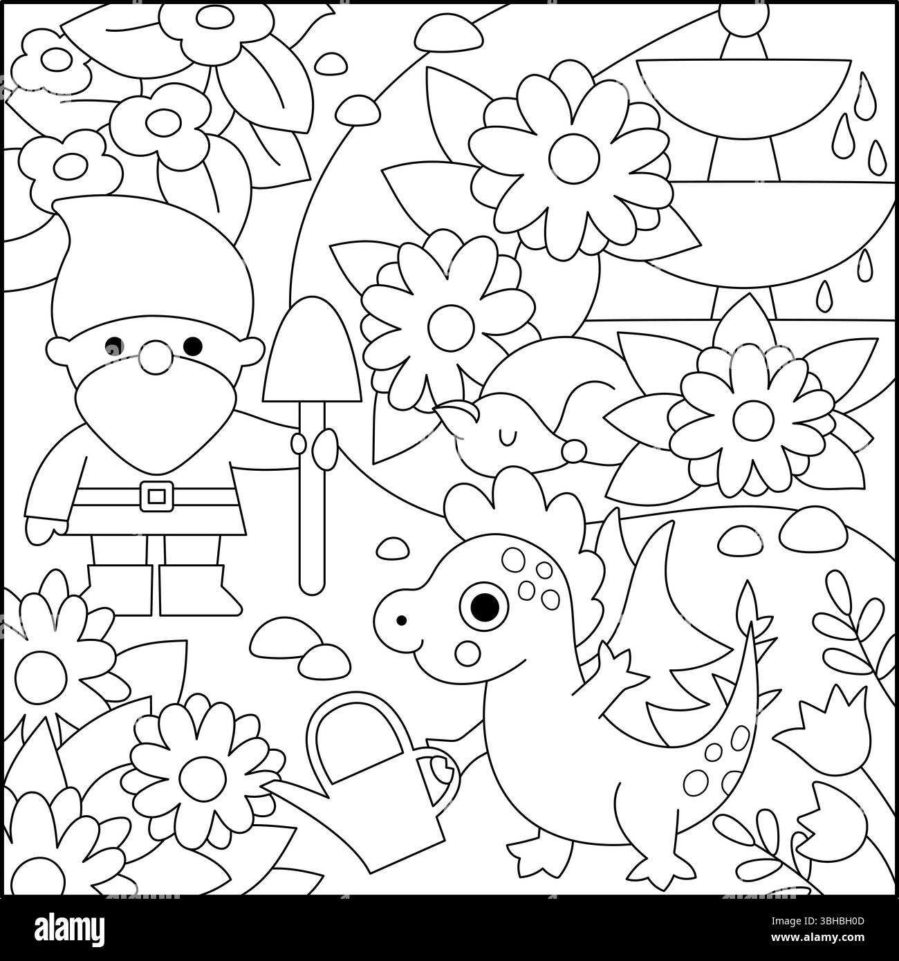 Vecteur noir et blanc fond de fée carré avec gnome de jardin, fleurs, dragon, renard endormi, fontaine. Paysage de ligne terrestre magique. Fantaisie avant Illustration de Vecteur