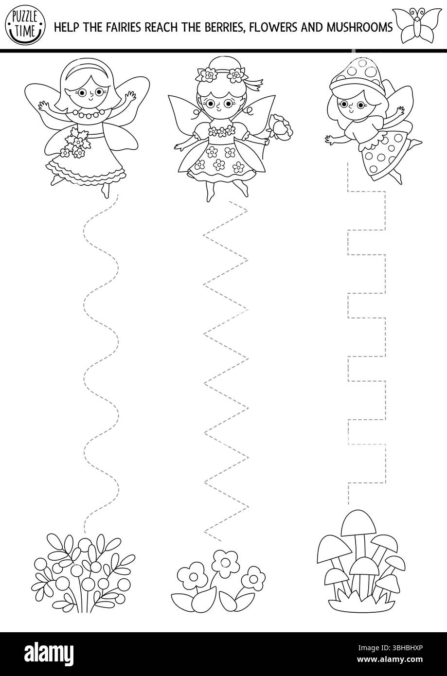 Feuille de travail de pratique d'écriture manuscrite en noir et blanc de vecteur avec des fées des bois sur prairie, fleur, baie, champignon. Activité imprimable, coloriage pour Illustration de Vecteur
