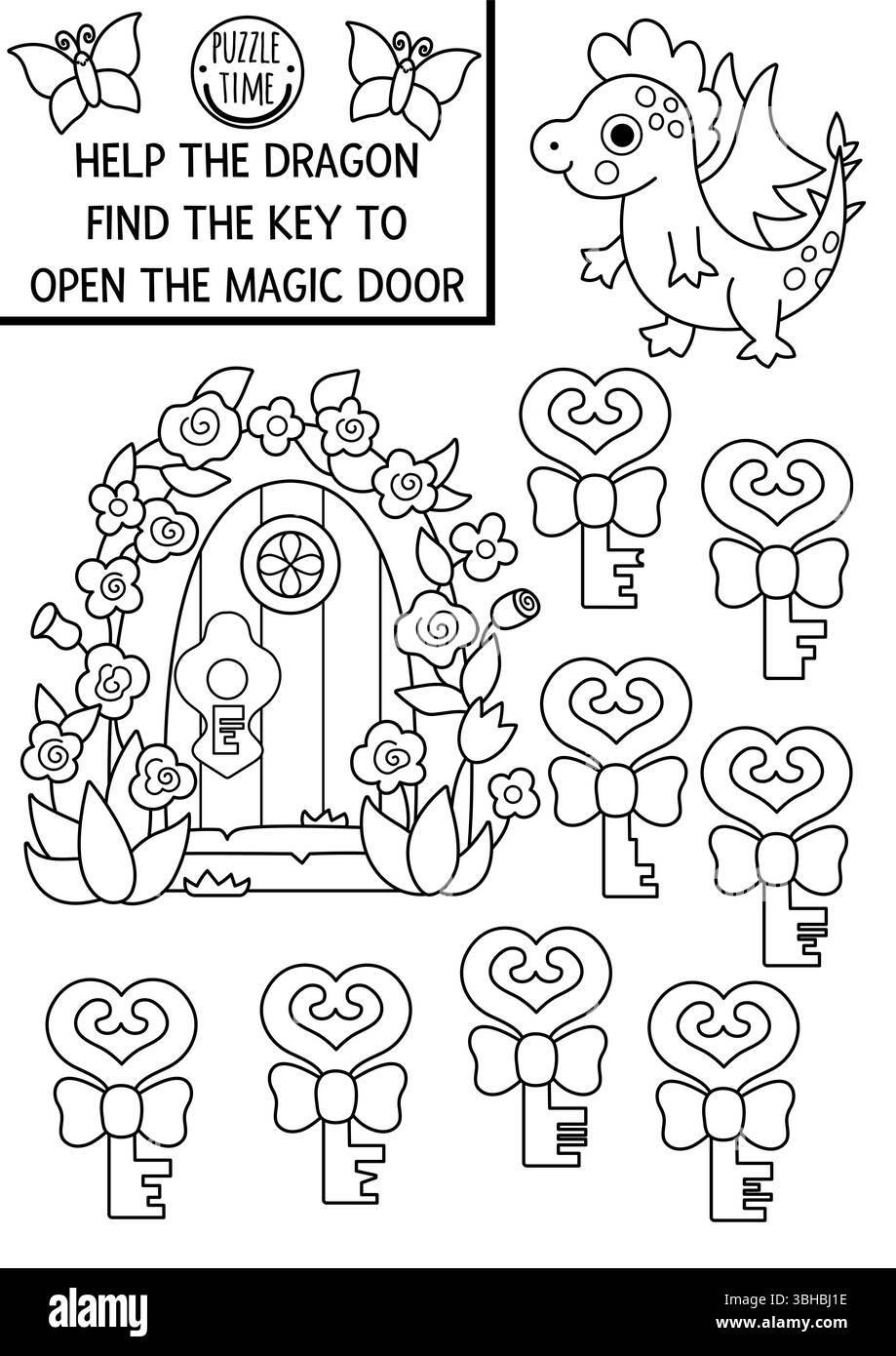 Fée des bois noir et blanc activité assortie avec dragon et clé pour ouvrir la porte magique. Puzzle de forêt magique avec animal fantastique. Coloriage de conte de fées p Illustration de Vecteur