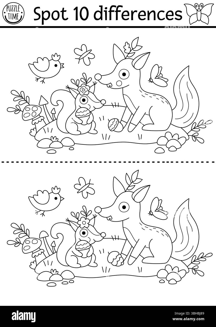 Noir et blanc trouver le jeu des différences. Activité Fairyland avec écureuil avec gland, renard sur prairie. Puzzle magique de forêt pour enfant. WO imprimable de conte de fées Illustration de Vecteur