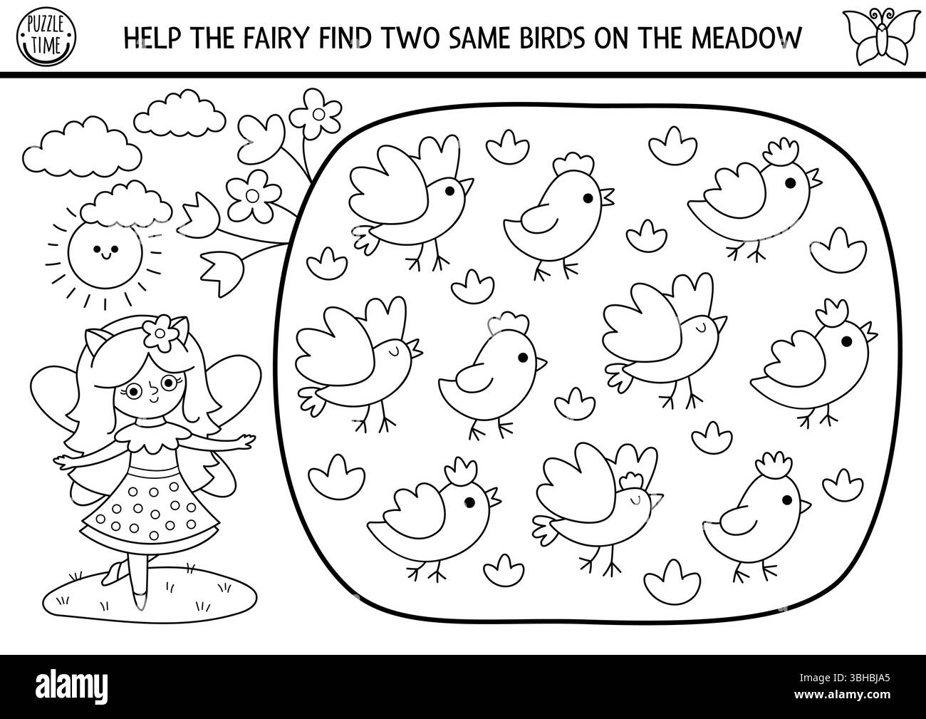 Aidez la fée à trouver deux mêmes oiseaux dans le pré. Fairyland activité assortie noir et blanc, coloriage. Forêt magique, feuille de travail de quiz de forêt pour ki Illustration de Vecteur
