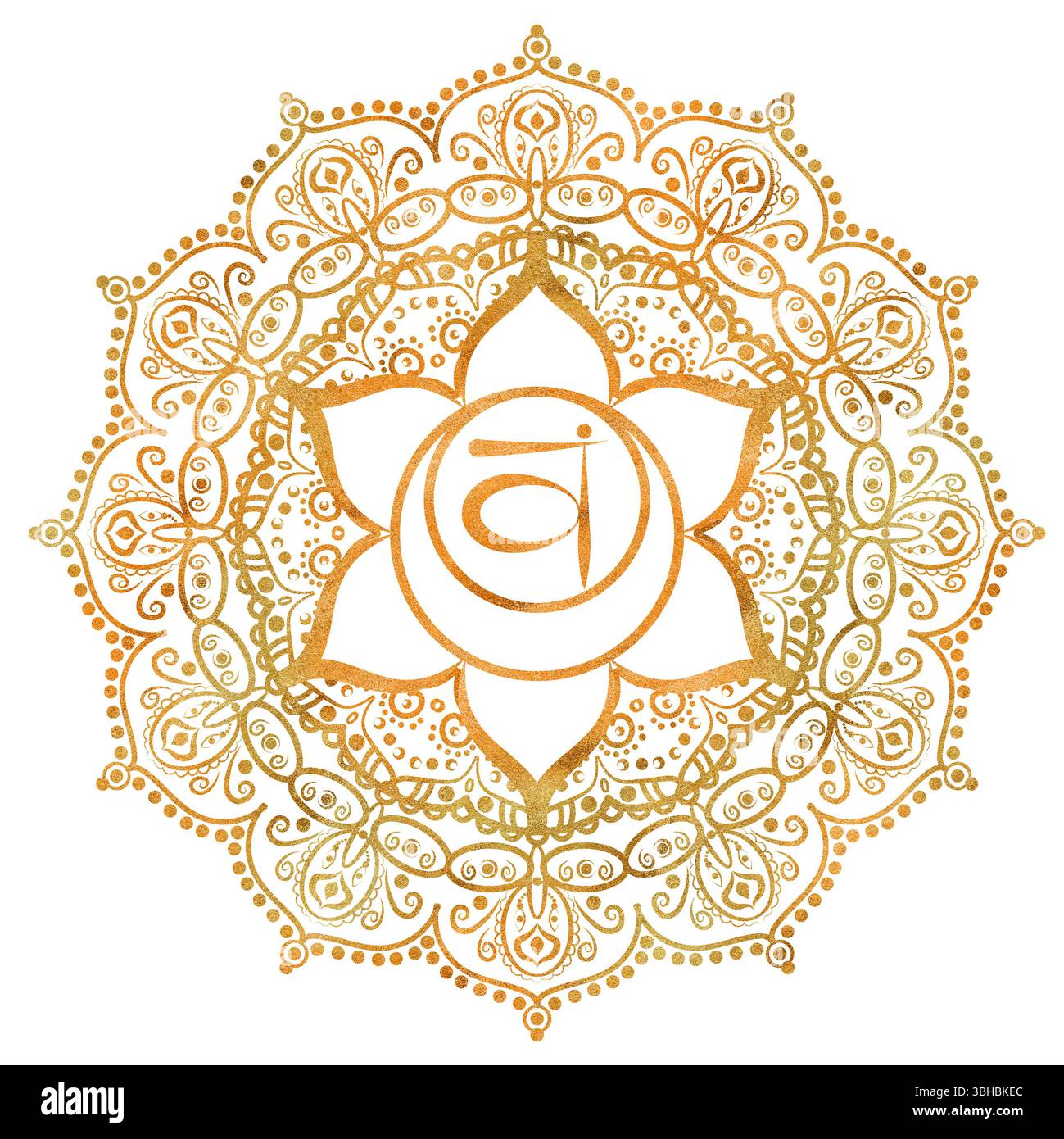 Svadhisthana chakra sacré de couleur orange doré avec un élégant motif mandala et des lettres sanskrites au centre. Bilan énergétique. Col d'eau dessiné à la main Banque D'Images