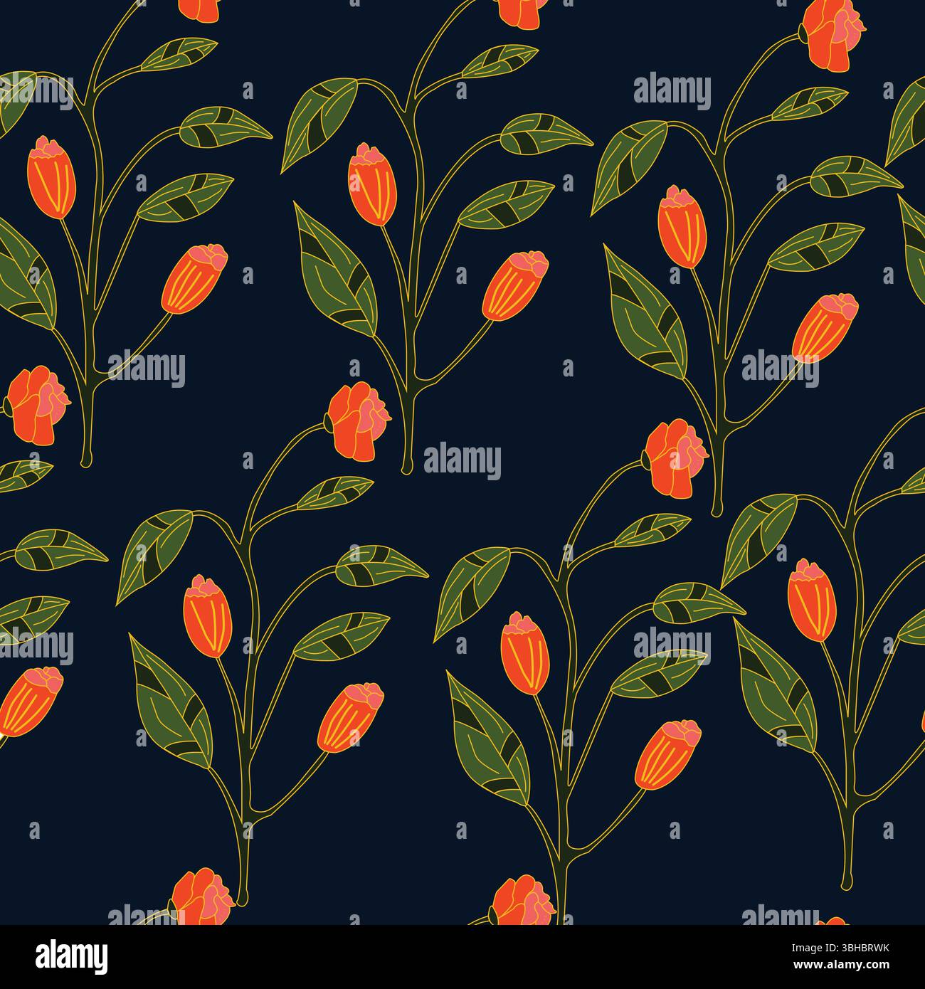 Modèle sans couture avec des fleurs rouges sur fond bleu foncé ; peut être imprimé sur textile, tissu de cire Illustration de Vecteur