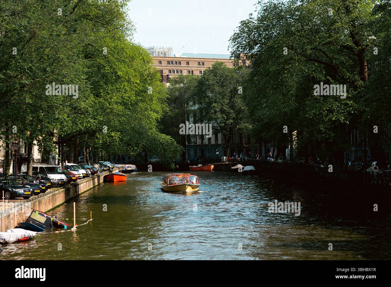 Vue sur le canal d'Amsterdam avec des bateaux sous des arbres verdoyants Banque D'Images