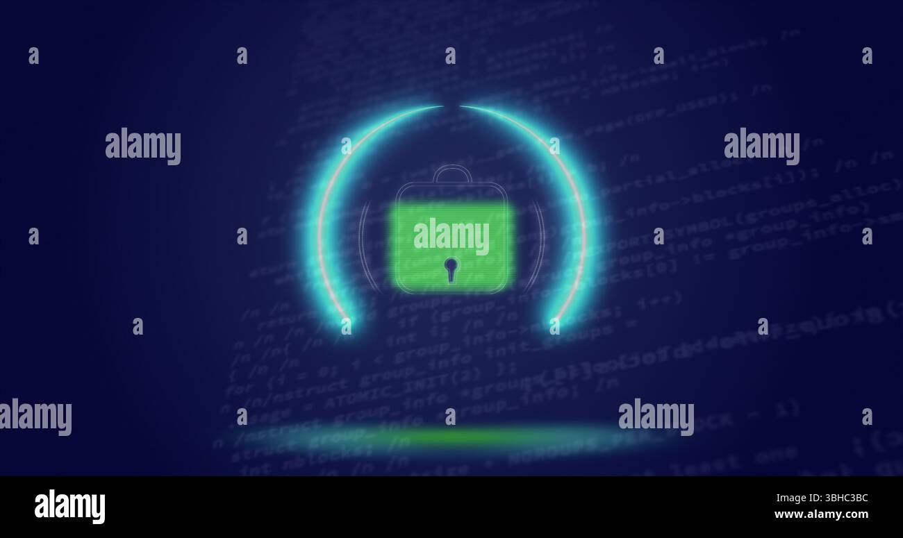 Image du cercle de néon avec cadenas numérique sur les données sur l'écran numérique marine. Sécurité des données, écran numérique, interface et concept technologique numériquement GE Banque D'Images