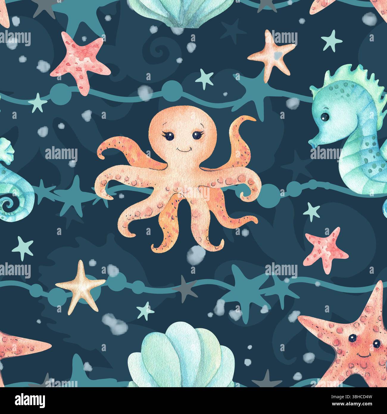 Poulpe, hippocampe, étoiles de mer Cute Children illustration motif sans couture isolé sur fond sombre avec silhouette d'animaux marins. Caractères d'aquarelle Banque D'Images