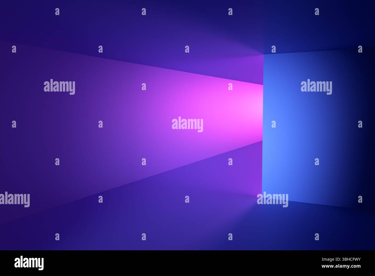 Un néon rose illumine doucement un coin vide dans une pièce bleue et violette vibrante, créant une atmosphère surréaliste et moderne. Résumé BA Banque D'Images