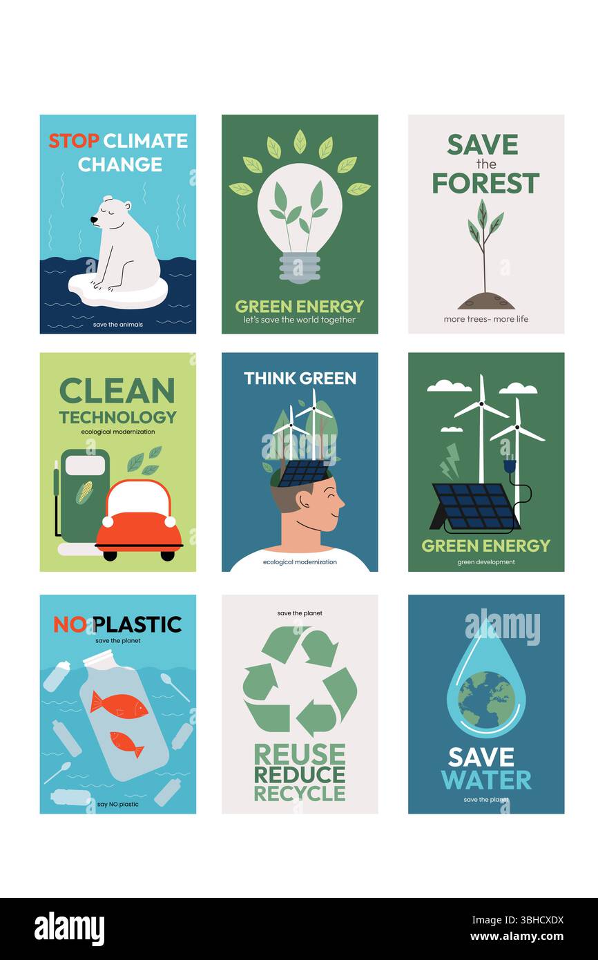 Nature et énergies renouvelables. Énergie verte et conservation des ressources naturelles. Ensemble d'affiches vectorielles, cartes. Jour de la Terre. Affiches ECO avec recyclage de Illustration de Vecteur