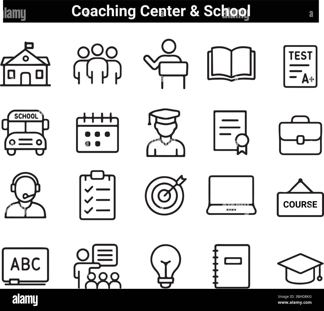 Centre de coaching et ensemble d'icônes scolaires - éducation, apprentissage, Pack vectoriel de classe en ligne Illustration de Vecteur