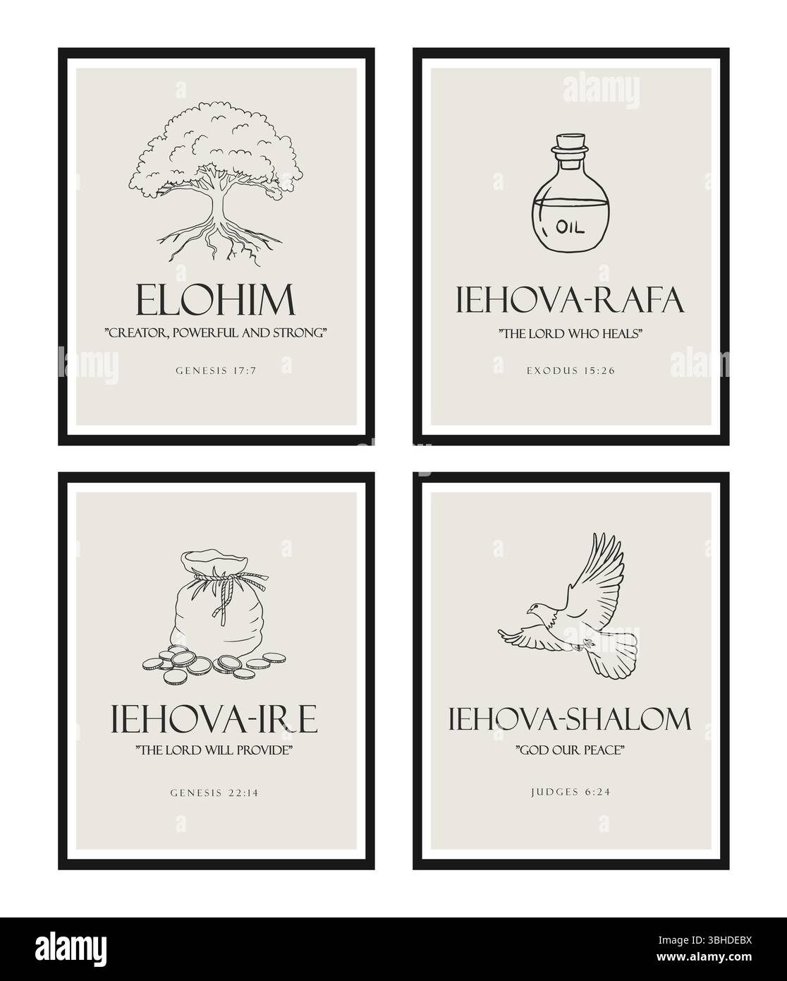 Christian Line Symbols Sketch Poster, religion Hand Drawn Art, Bible Wall Decor, Jesus Names Illustration de Vecteur