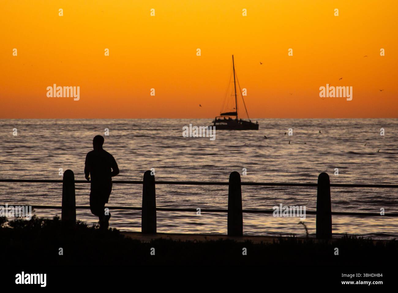 Silhouette d'un jogger au crépuscule sur la promenade du Cap, contre un ciel orangé doré avec un catamaran sur l'océan en arrière-plan. Banque D'Images