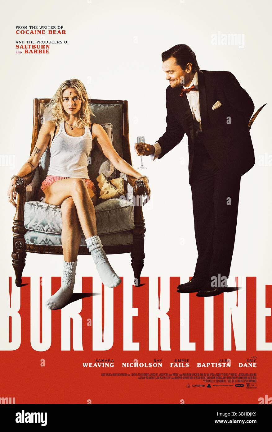 Borderline (2025) réalisé par Jimmy Warden et mettant en vedette Samara Weaving, Ray Nicholson et Eric Dane. Un garde du corps protège une superstar de la pop et son petit ami athlète d'un harceleur déterminé dans les années 1990 à Los Angeles. Affiche AMÉRICAINE À une feuille POUR USAGE ÉDITORIAL UNIQUEMENT. Crédit : BFA / Magnolia Pictures Banque D'Images