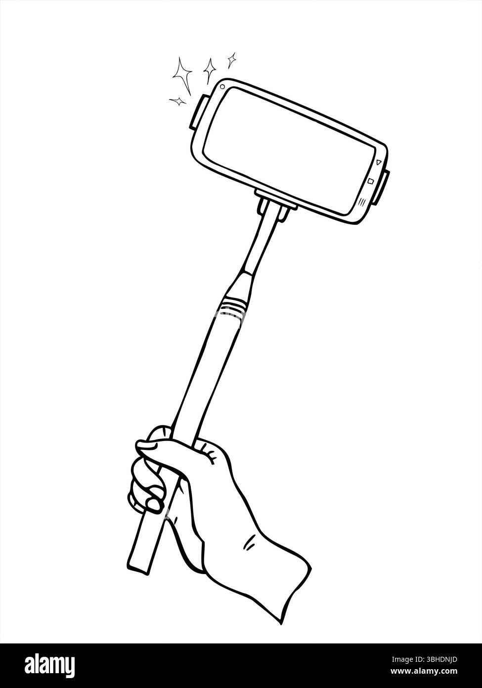 Main tenant bâton selfie avec illustration vectorielle monochrome smartphone peinte par des encres noires. Téléphone mobile sur dessin au trait monopode pour les médias sociaux Illustration de Vecteur