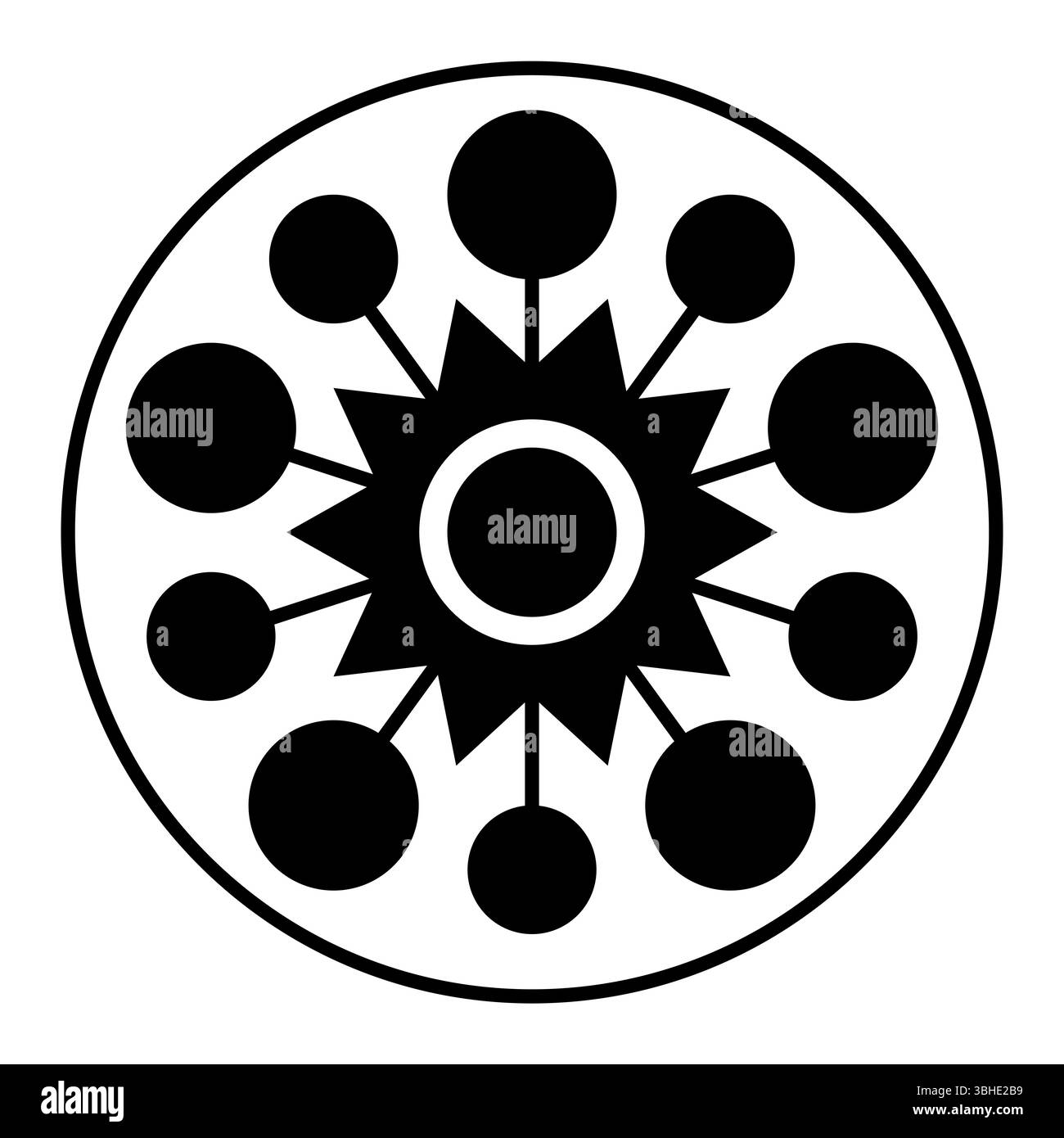 Motif de cercle de récolte en forme d'étoile. Deux fois 5 cercles reliés par des lignes vers un centre suggérant des pentagrammes. Cercle au centre, entouré d'une étoile. Banque D'Images