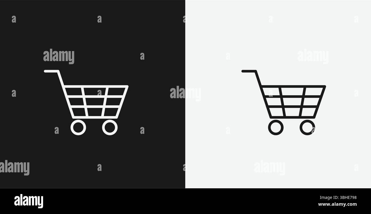White Outline icône panier d'achat sur fond noir et blanc, représentant les achats en ligne ou E-commerce Illustration de Vecteur