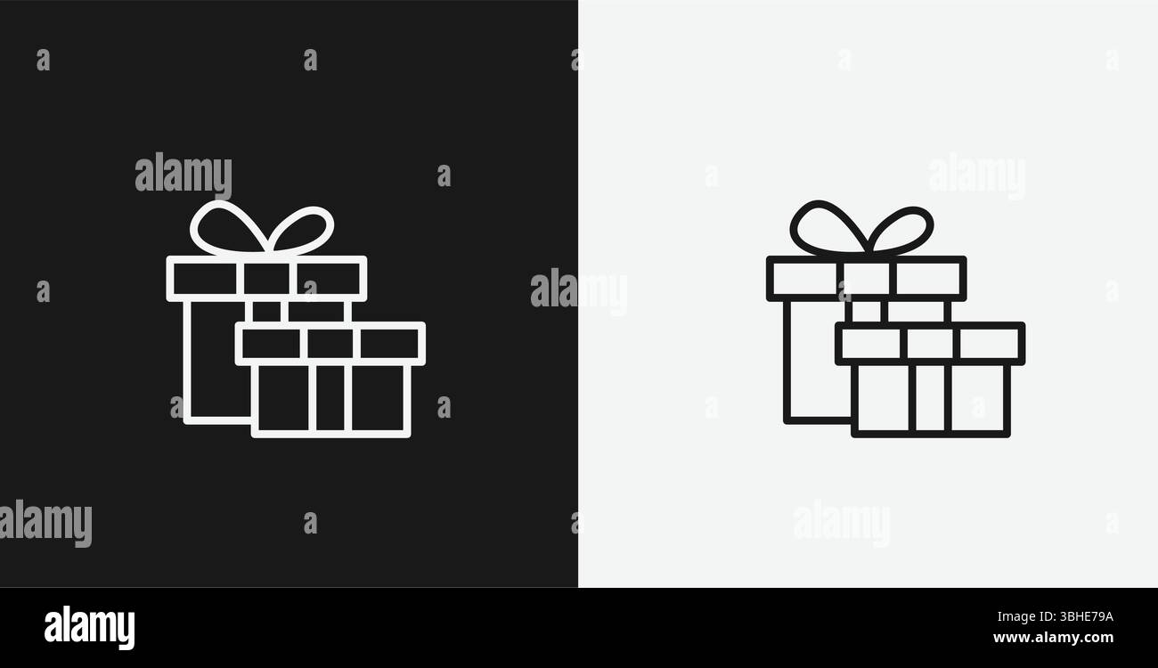White Outline Icon deux boîtes-cadeaux empilées avec des noeuds sur fond noir et blanc, représentant des cadeaux ou des célébrations Illustration de Vecteur