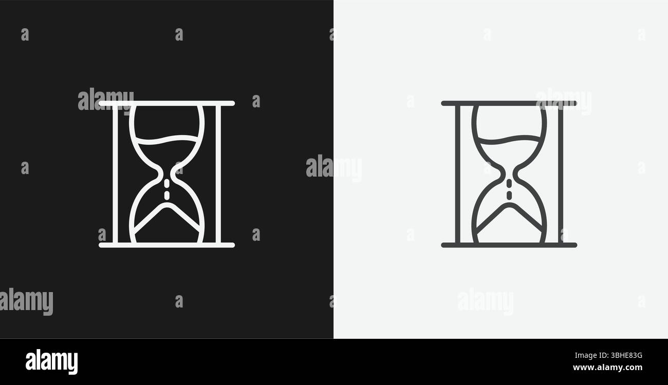 Sablier ou minuterie sable sur fond noir et blanc, représentant le temps ou le processus, icône contour blanc Illustration de Vecteur