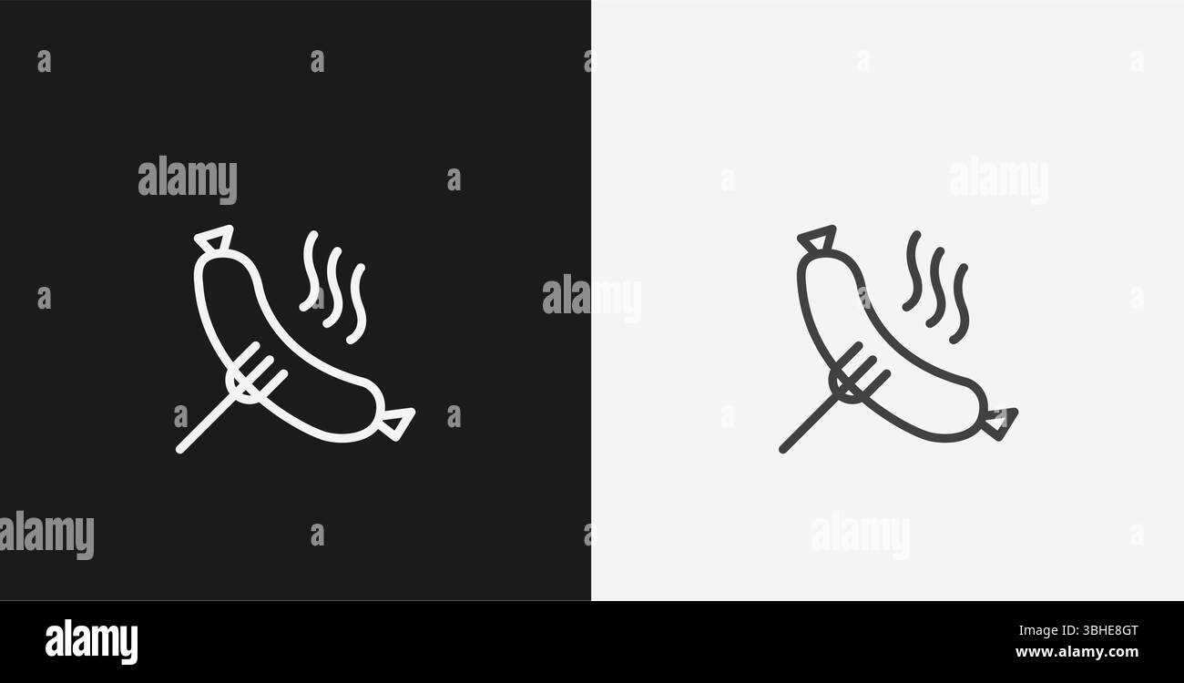 Icône White Outline saucisse grillée sur une fourchette avec vapeur sur fond noir et blanc, représentant la nourriture ou BBQ Illustration de Vecteur