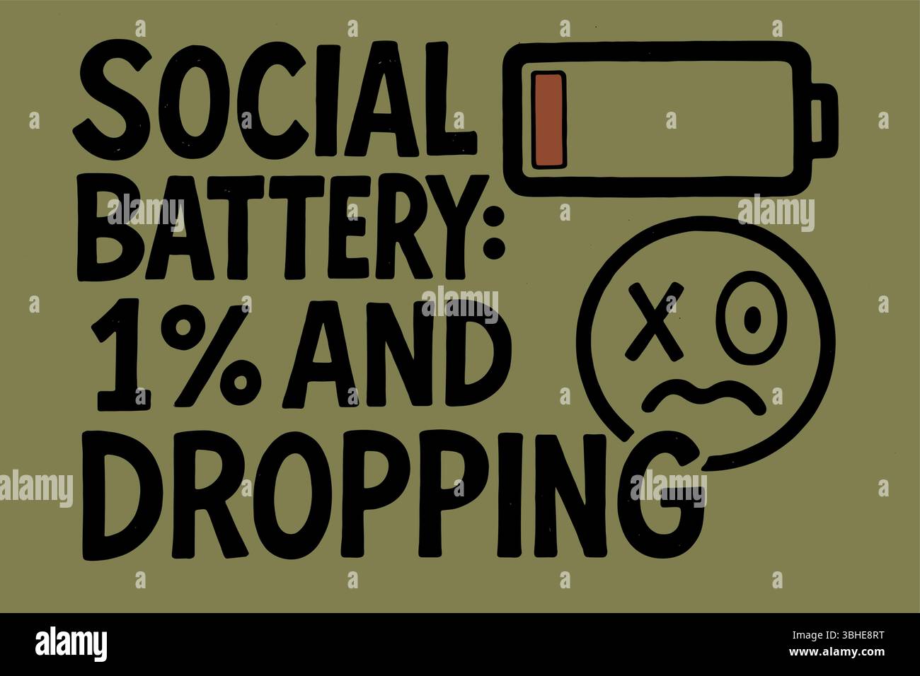 Social Battery 1 et laisser tomber une citation humoristique avec l'icône de batterie faible et le symbole de visage épuisé sur un fond vert Illustration de Vecteur