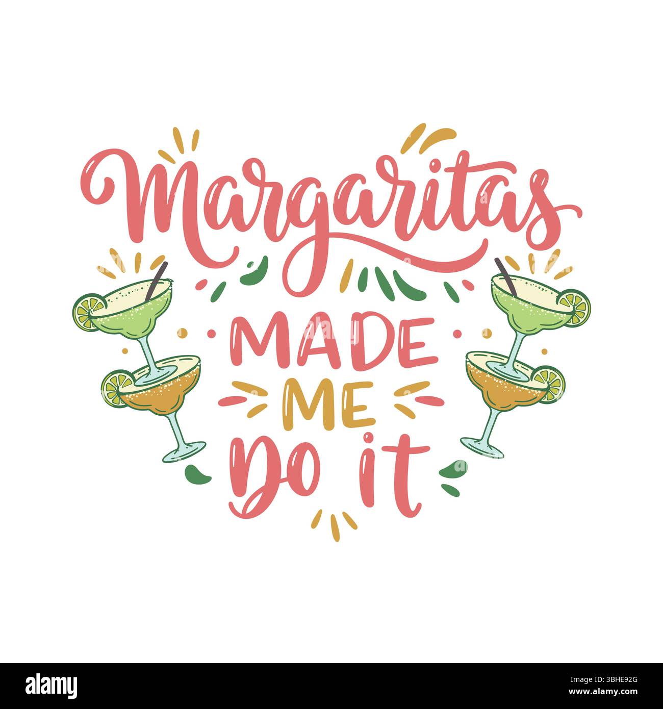Margaritas m'a fait faire une citation humoristique lettrée à la main avec des verres à cocktail et des éclaboussures en rose, vert et jaune Illustration de Vecteur