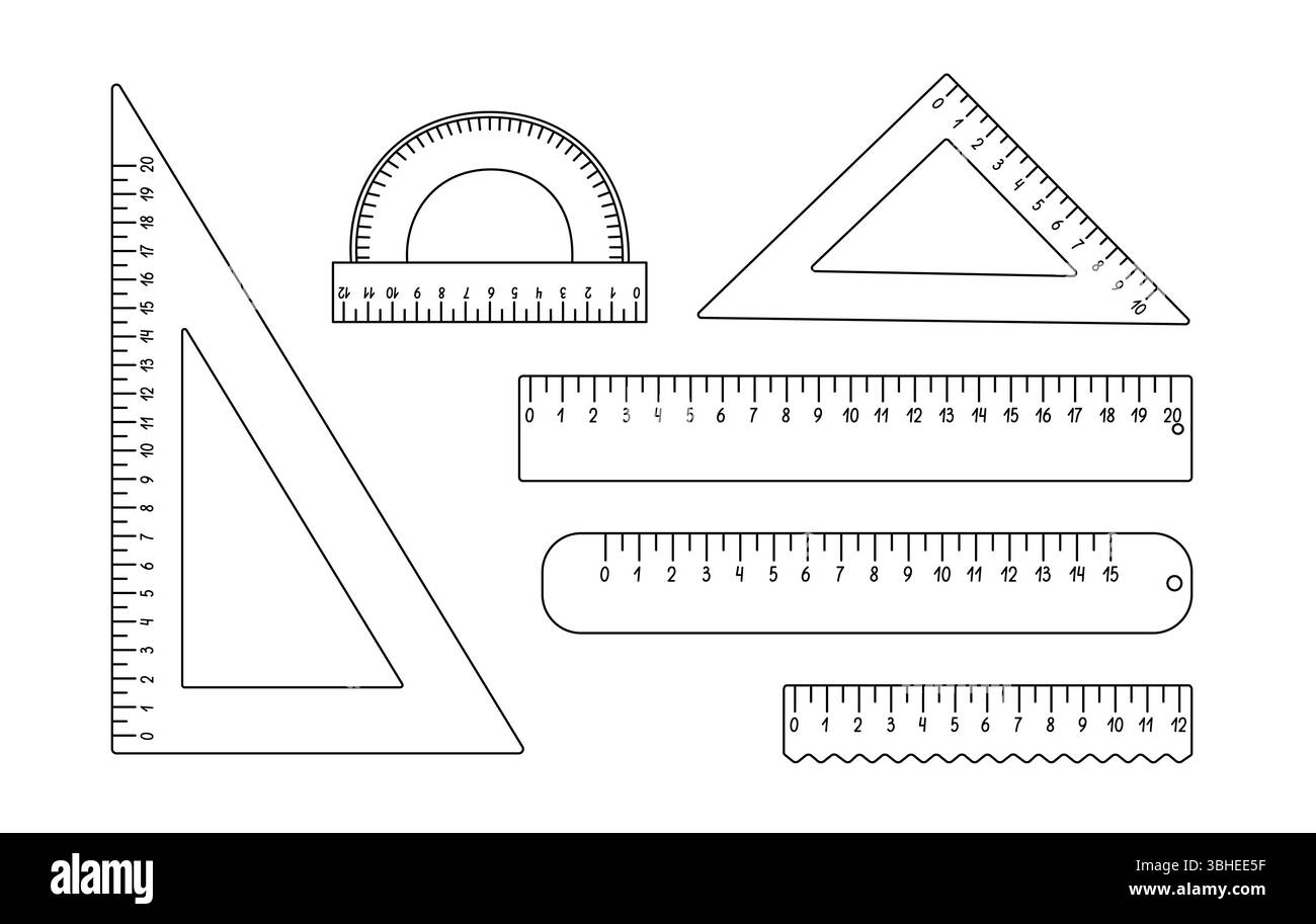 Jeu de règles d'école, triangulaire, rapporteur instrument de mesure pour les leçons de mathématiques illustration vectorielle dessinée à la main, retour à l'école vocabulaire obj Illustration de Vecteur