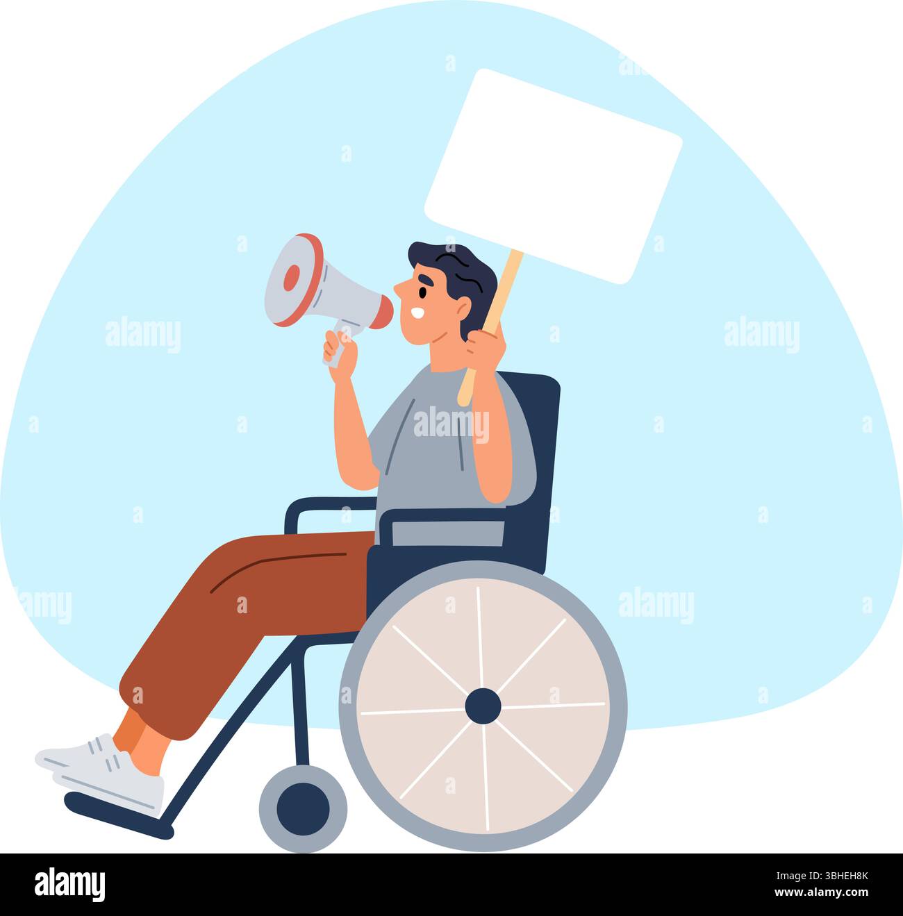 Homme en fauteuil roulant tient mégaphone et affiche vierge. Position de vie active pour les personnes handicapées. Manifestation du mouvement social. Manifestant blessé Illustration de Vecteur