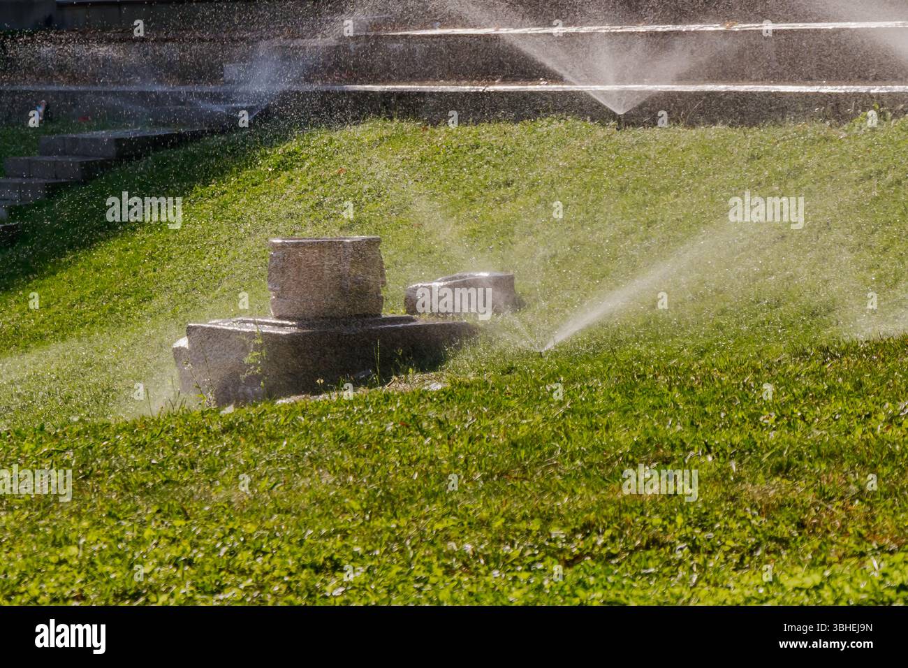 La lumière du soleil scintille sur les gouttelettes tandis que les arroseurs créent des arcs d'eau sur une pelouse verte vibrante dans un parc. Le spray rafraîchissant rehausse la beauté du Banque D'Images