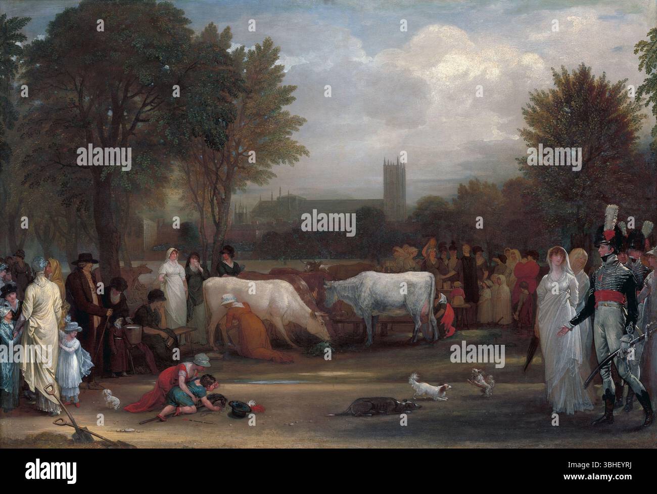 Huile sur panneau peinture de Milkmaid's à St James Park Westminster Abbey Beyond London 1801 par Benjamin West vintage art peinture. Représente l'extrémité est du parc de James, mettant en valeur la « Milk-Fair » qui a eu lieu quotidiennement dans le parc de la fin du XVIIIe siècle au début du XXe siècle. La peinture montre des laitières vendant du lait frais aux visiteurs du parc, avec des vaches trayées dans le parc et une variété de Londoniens observant Banque D'Images