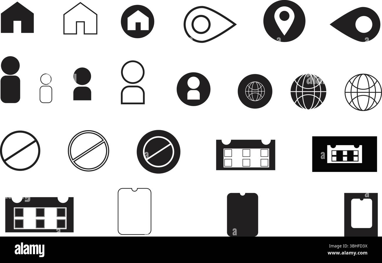 Pack complet d'icônes vectorielles d'interface utilisateur avec emplacement, utilisateur, domicile, globe terrestre et signes de restriction Illustration de Vecteur