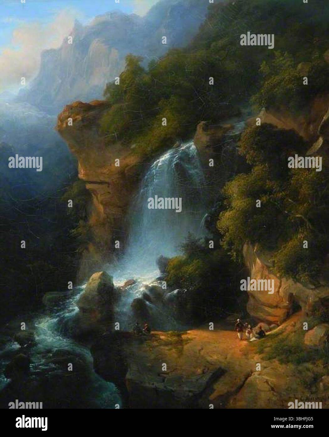 Karl-Joseph Kuwasseg (1802-1877) - Une cascade parmi les montagnes avec des figures Banque D'Images