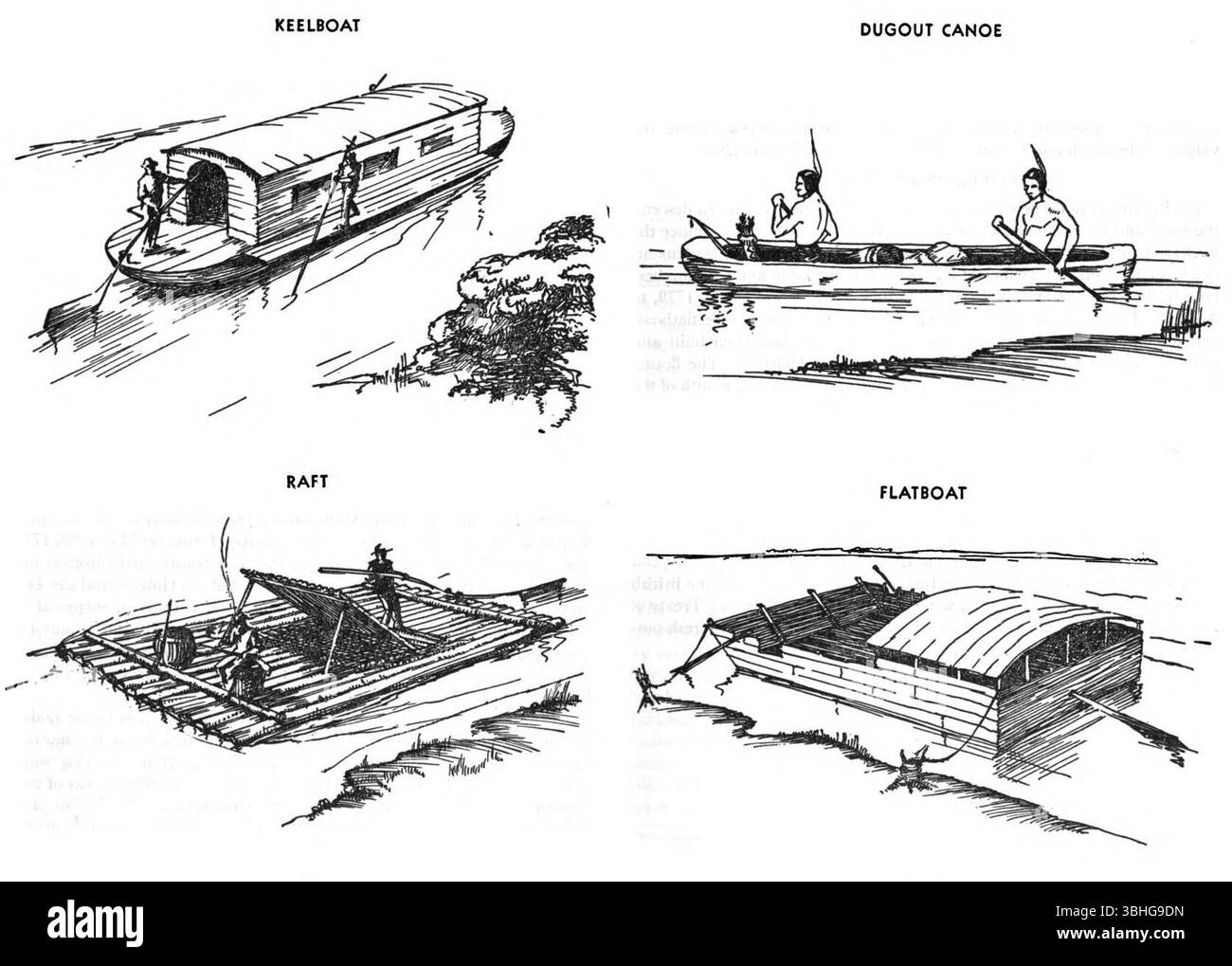 Keelboat Raft Dugout Canoe types de bateaux à quai des premières embarcations nautiques utilisées sur les rivières américaines. Banque D'Images