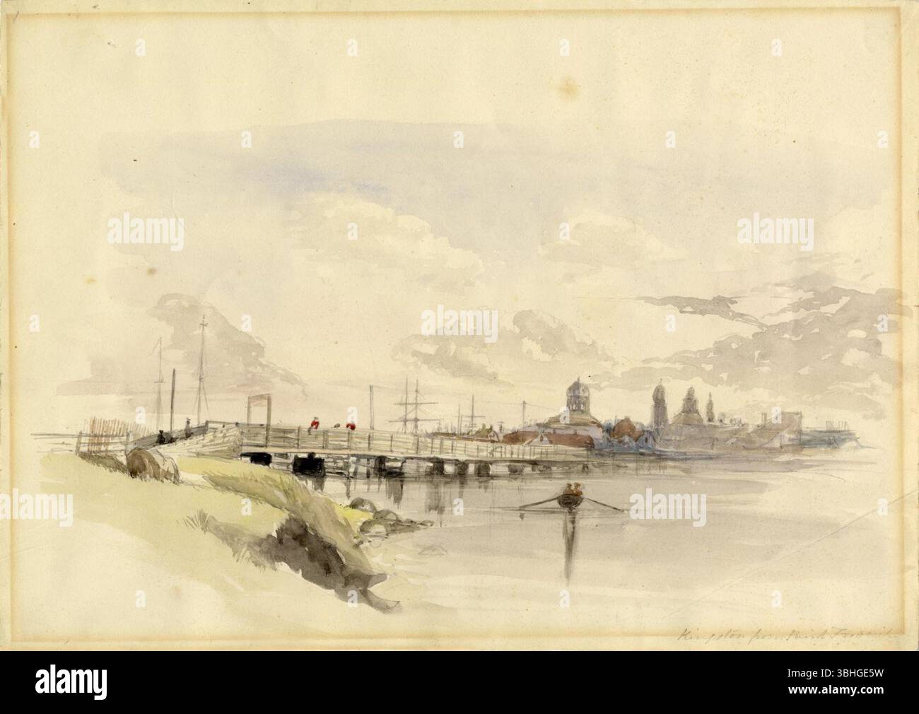 Pont Kingston depuis le terrain de forage, aquarelle, 1848. Banque D'Images