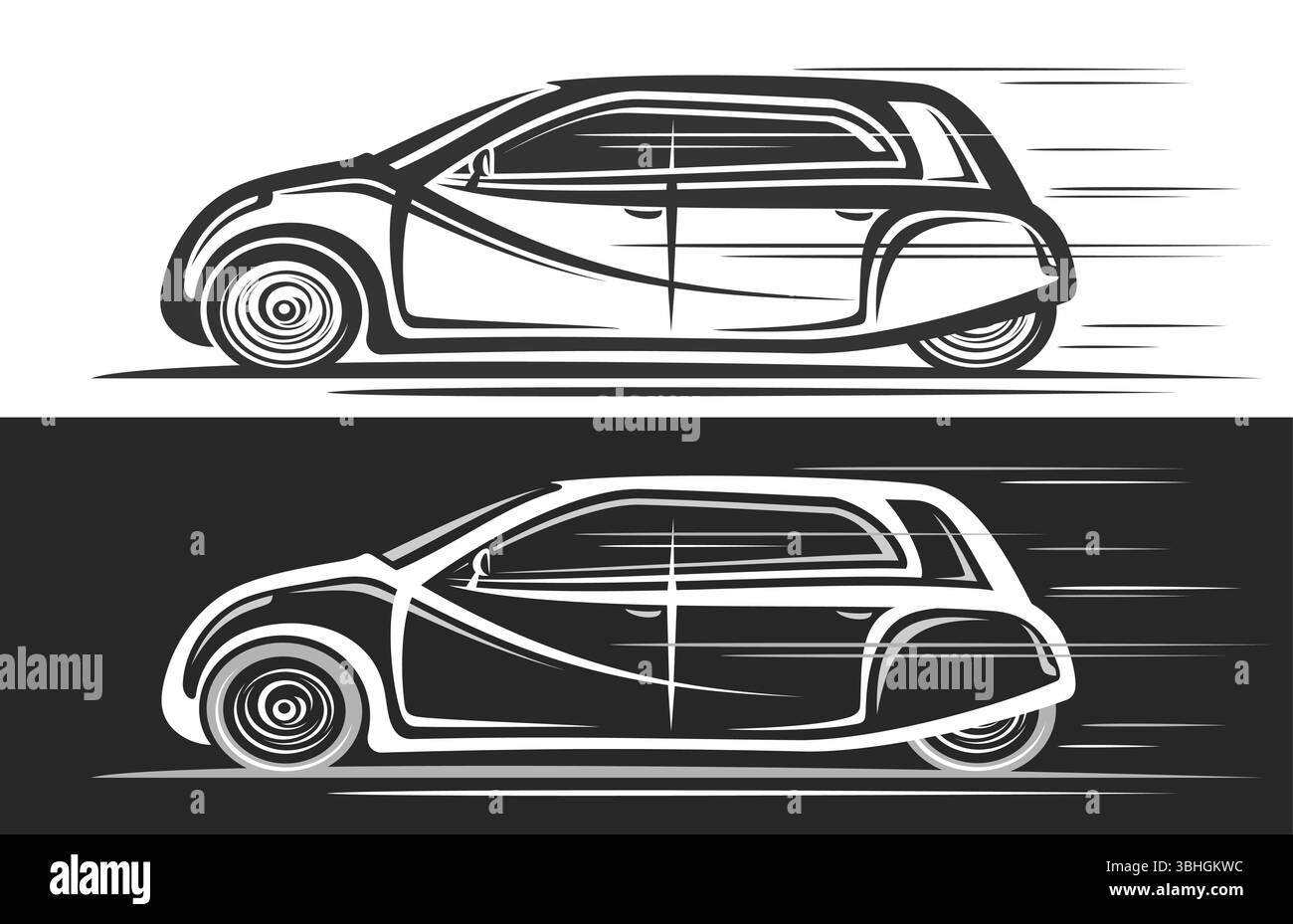 Logo vectoriel pour voiture urbaine électrique, bannières automobiles monochromes avec illustration d'art clip contour de voiture concept budget en mouvement, illustration de runni Illustration de Vecteur