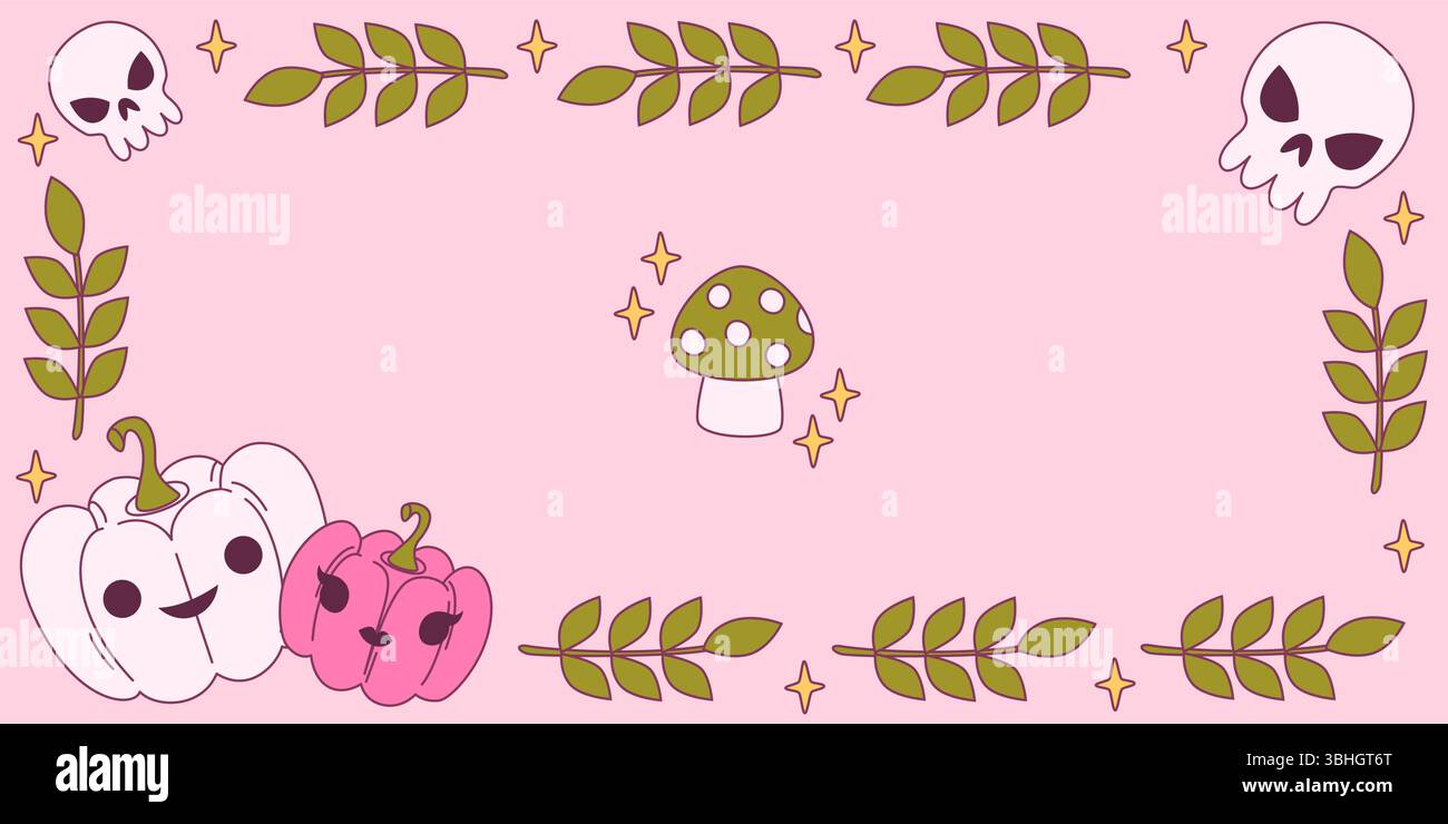 Bordure de cadre Coquette halloween - crânes mignons, branches de feuilles d'automne, citrouilles blanches et roses avec des visages, champignons tachetés et étoiles dorées dispersées. Design sinistre Kawaii pour les invitations d'octobre. Illustration de Vecteur