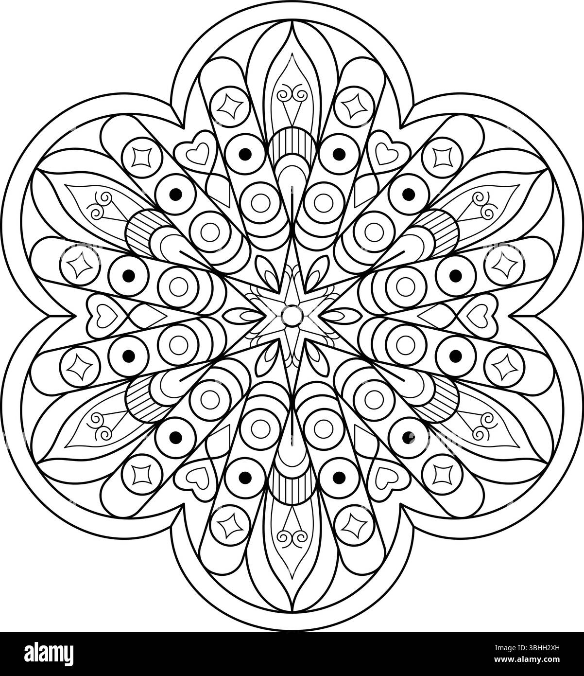 Design mandala oriental complexe avec des éléments cœur et étoile, parfait pour la coloration adulte, la relaxation et les projets décoratifs. Illustration de Vecteur