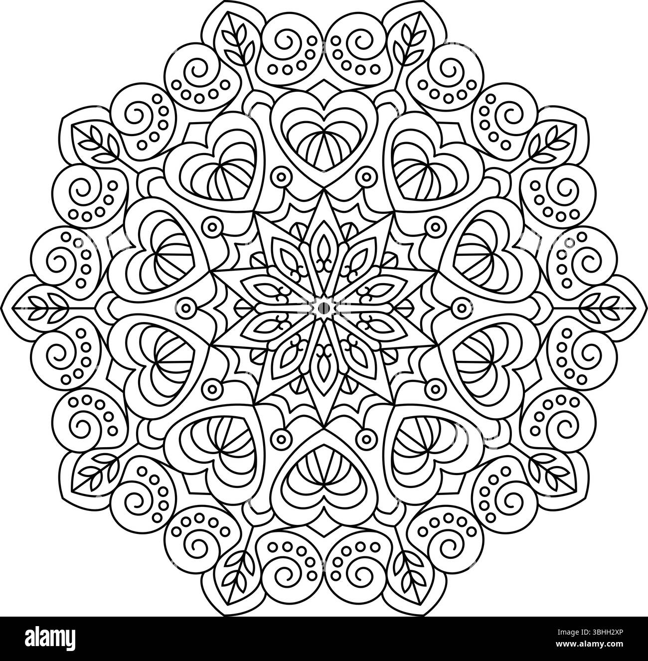 Mandala noir et blanc détaillé avec des coeurs, des feuilles et des spirales. Parfait pour la coloration, la méditation ou le design décoratif. Illustration de Vecteur