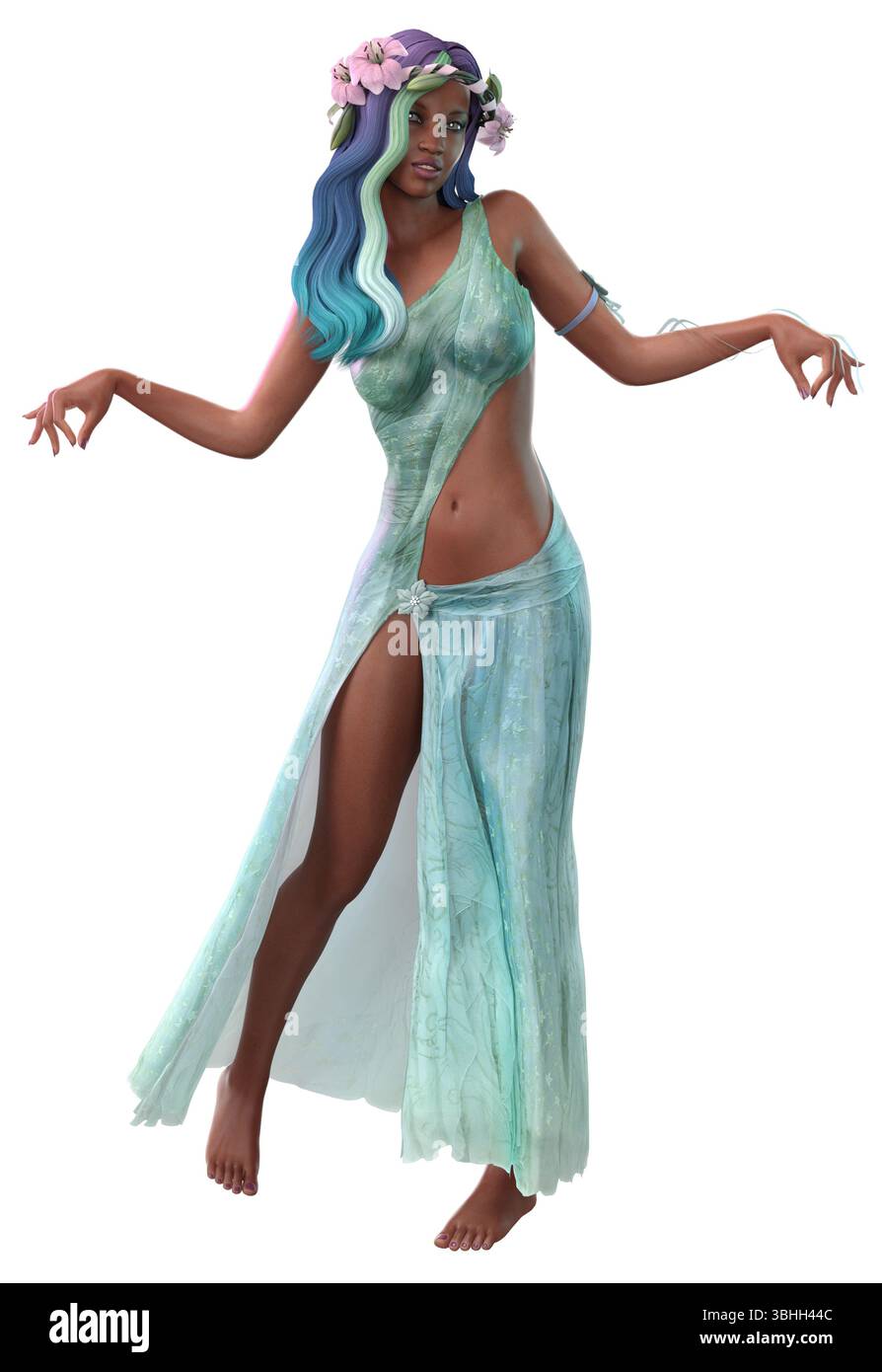 Personnage féminin rendu en 3D avec des cheveux turquoise et bleus vibrants, ornés de fleurs de lis, portant une robe verte fluide avec des découpes, exsudant un fantasme Banque D'Images