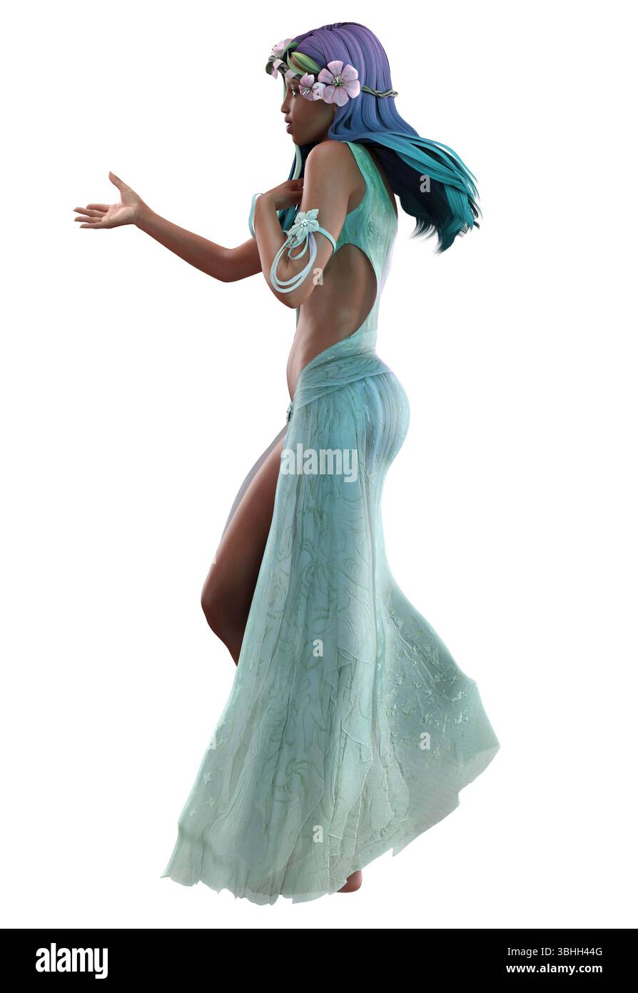 Personnage féminin rendu en 3D avec des cheveux turquoise et bleus vibrants, ornés de fleurs de lis, portant une robe verte fluide avec des découpes, exsudant un fantasme Banque D'Images