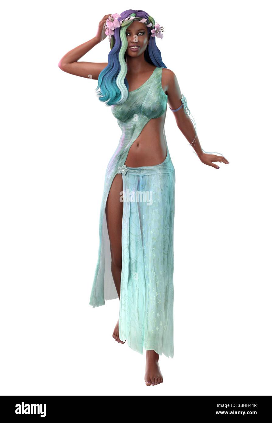 Personnage féminin rendu en 3D avec des cheveux turquoise et bleus vibrants, ornés de fleurs de lis, portant une robe verte fluide avec des découpes, exsudant un fantasme Banque D'Images