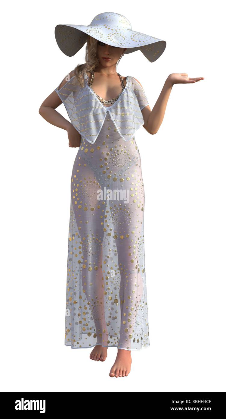 Élégante femme pieds nus dans une robe d'été transparente blanche et chapeau à large bord posant, portant une mode translucide avec des motifs de points dorés, illustratio 3D. Banque D'Images