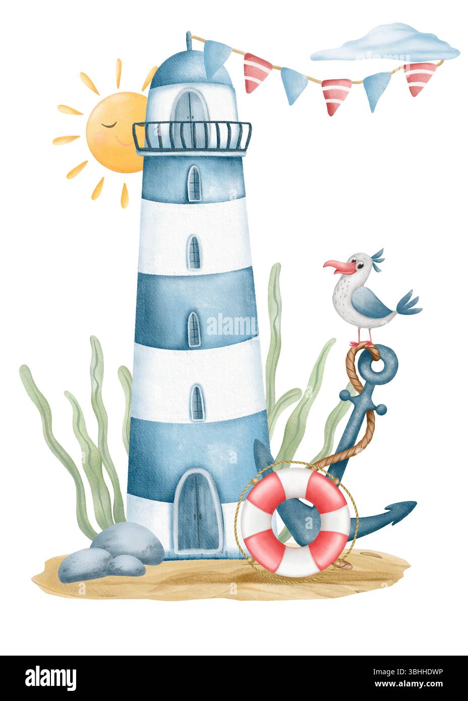 Phare bleu et blanc contre le soleil, les nuages et la mer. A proximité se trouve une mouette, une ancre, une bouée de sauvetage et des algues. Le style est aquarelle, douce et fabulo Banque D'Images