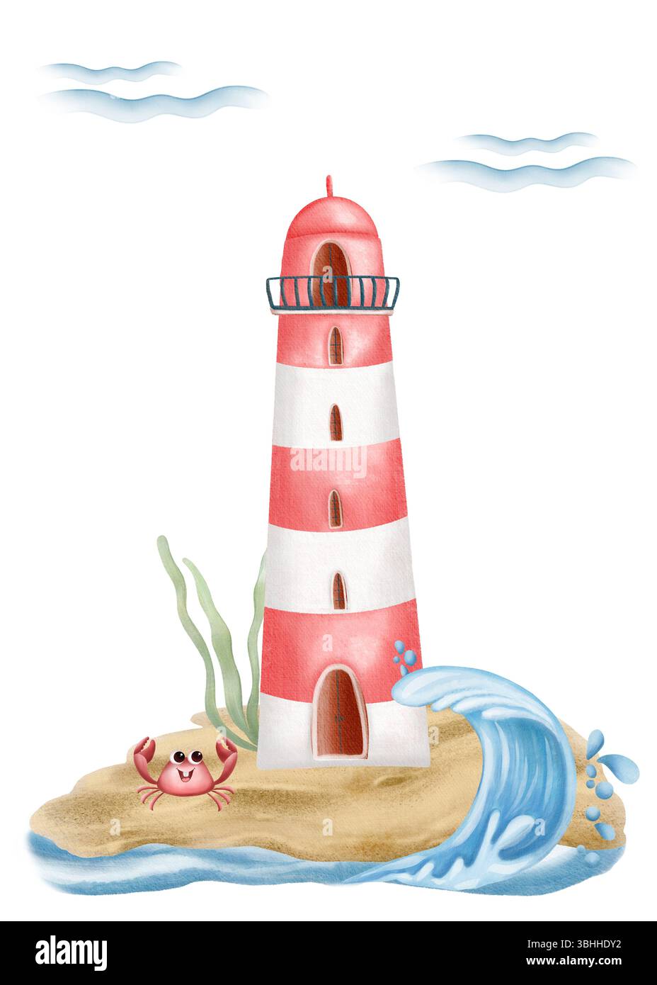 Illustration aquarelle d'un phare rayé rouge et blanc sur une île de sable avec un crabe heureux, des algues, une vague océanique et un ciel bleu. Mignon nautique SC Banque D'Images