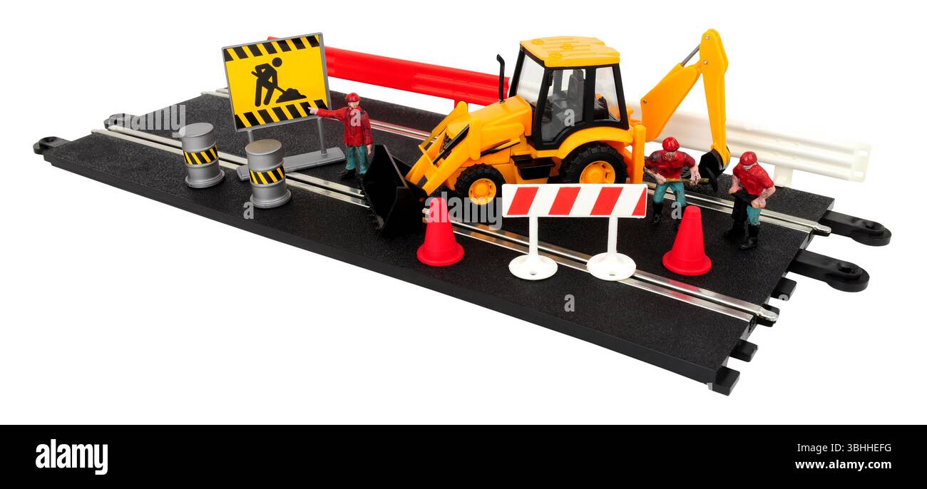 Scène de réparation de route de piste de course de voiture à sous avec des figures d'excavatrice et d'équipe de travail isolées sur un fond blanc Banque D'Images