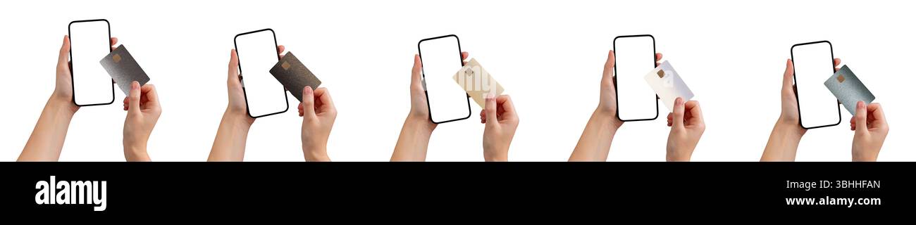 Main tenant un téléphone mobile affichant une application bancaire pour le paiement sans numéraire. Options de crédit et de débit pour les achats en ligne et les transactions sécurisées. Isolé Banque D'Images